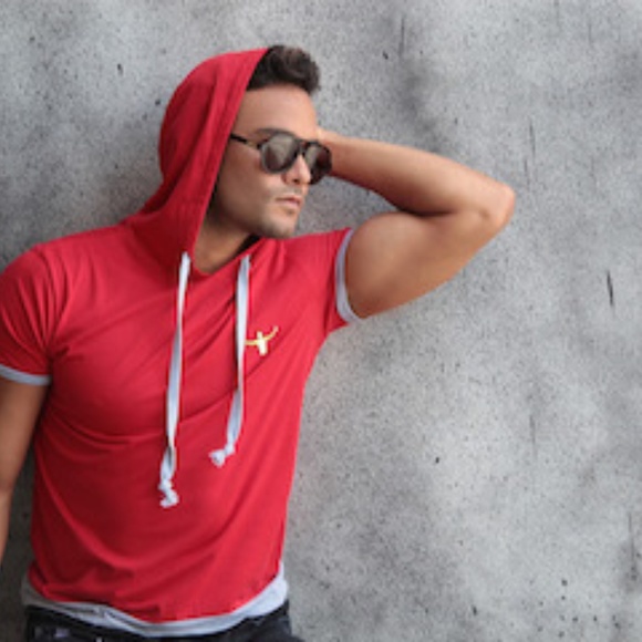 Short Sleeve Red gray Hoodie Men Women Unisex - Picture 6 of 8